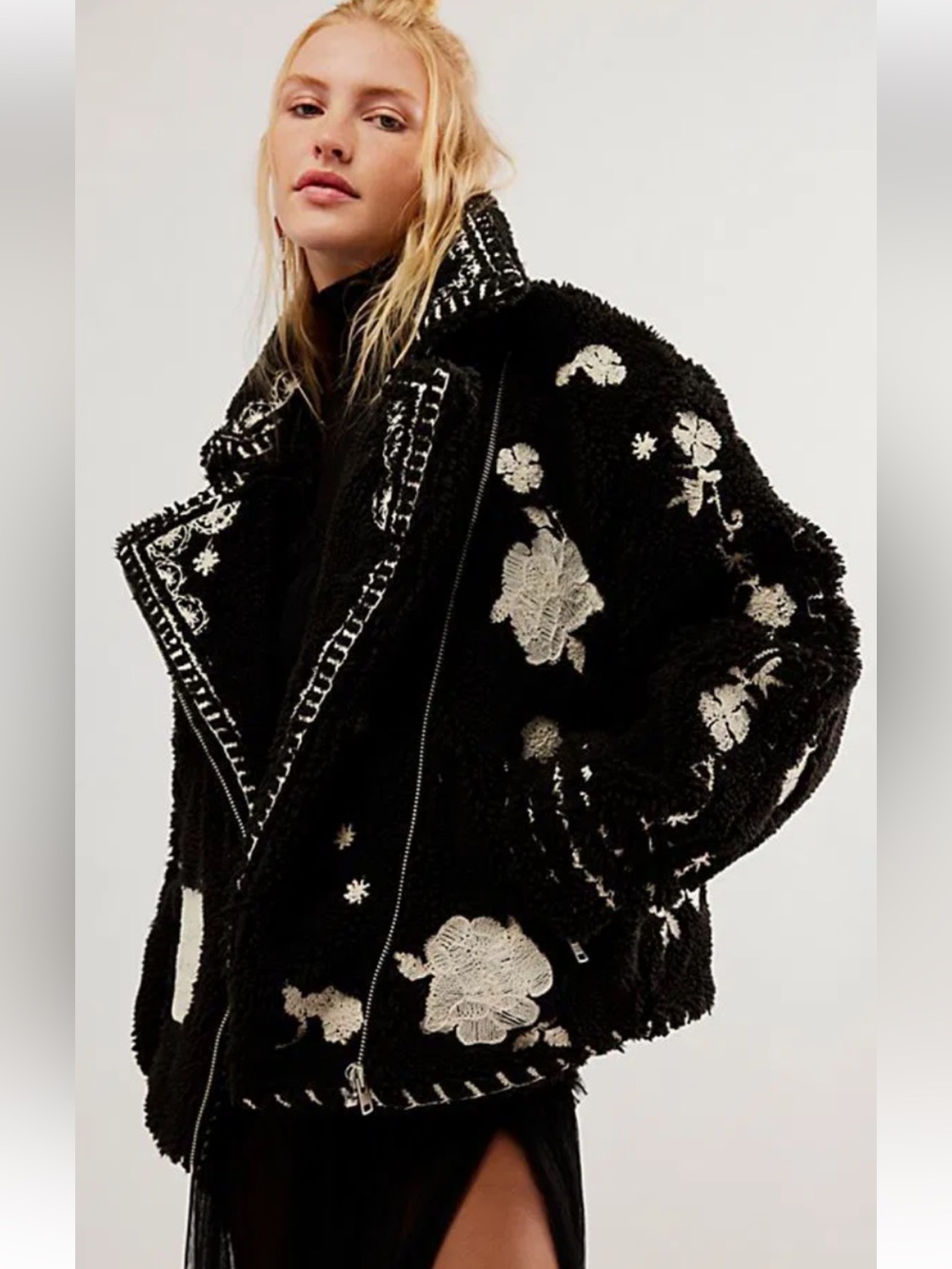 Free People Maya Embroidered Sherpa Black Floral Jacket Sz XS